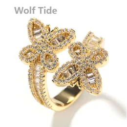 Bling Butterfly Adjustable Cuff Ring Diamond Open Finger Rings For Women Cubic Zircon Fashionable Hip-hop Personalized Aesthetic Gold Plated Rapper Jewelry Bijoux