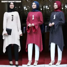 Toppar dubai vintage polka dot oregelbunden klänning kvinnor muslimsk avslappnad långärmad skjortor klänning islamisk abaya arabiska turkiska vestidos