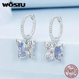 Brincos de argola wostu original 925 prata esterlina borboleta com vidro transparente 9.5mm orelha para mulheres jóias finas presente