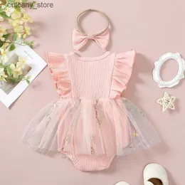 SUKSUITS Baby Girl Sukienka z rękawem muchą żebrowana kwiat haftowa tiulowa spódnica romper sukienki letnie ubrania z opaską L240307