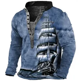 Herren-Vintage-T-Shirt, Frühling und Herbst, klassisches Kreuz-Segelboot-Muster, 3D-gedrucktes Knopfhemd, lässige Langarm-Tops 240301