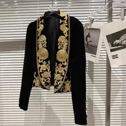 Весенне-осенняя куртка, черный женский маленький пиджак, бархатный костюм с вышивкой и цветком, короткое пальто 240226