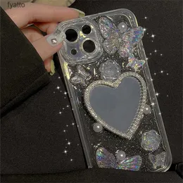 Mobiltelefonpåsar glitterfjäril kärlekshjärta spegel epoxy telefon fall pro max söt rose mjuk bakre coverh240307