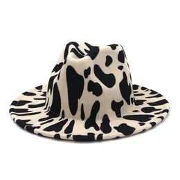 Cappello Fedora in lana sintetica con stampa di mucca in stile britannico europeo americano americano Donna Uomo Cappello a tesa larga Panama Party Formale315B