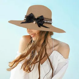 Geniş Memlu Şapkalar Kadın Bowler Hip Hat Pearl Dantel Bowknot Visor Katlanabilir Güneş Kapakları Plaj Açık Deniz Kenarı