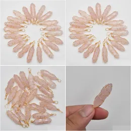 Encantos fio envoltório pedra natural rosa forma de quartzo encantos ponto chakra pingentes para fazer jóias por atacado artesanal entrega gota jewe dhjpl