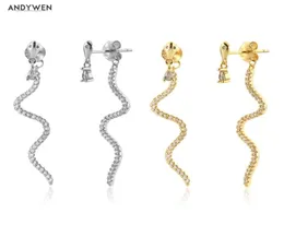 Andywen 925 Sterling Silver Gold Long Zircon CZ Snake Base Drop Earing Clear Party Piercing Pendiente Women Luxury Jewelry 2201085595328