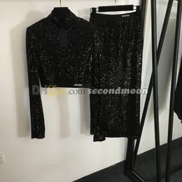 Parlak Pullu Elbise Yarım fermuarlı Tişört Yüksek Bel Uzun Etek Parti Seksi İki Parça Set Elbise