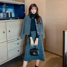 Vestidos de trabalho luxo 2 peça conjunto tweed lã moda outono inverno grosso quente o pescoço manga longa casacos outwear cintura alta conjuntos saia casual