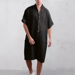 Byxor sommar lösa mäns romare bomull halv ärm knapp vintage casual fasta män last overaller jumpsuit byxor manliga kläder