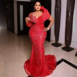 Urban Sexy Dresses African Arabic Plus Size Aso Ebi Prom Mermaid Red Evening Formal Dress For Special Thills Black Women Promdress Lace Pärled Q240307
