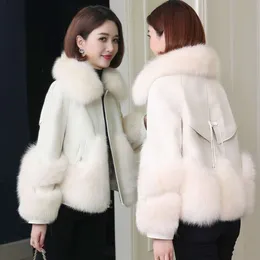 haining haining new sheepskin 정품 가죽 다운 여성의 짧은 여우 칼라 모피 통합 코트 한국 겨울 판 583643