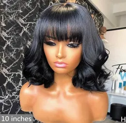 Remy Human Hair Full Machine Made Wigs No Spets Curly With Bangs Baby Hair Pre Plucked Peruansk Fringe Wig8610410