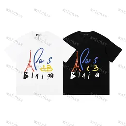 T-shirt de manga curta masculina Designer de luxo T-shirt Paris Torre Eiffel graffiti jato de tinta pintado à mão impressão colorida manga curta T-shirt homens e mulheres