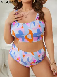 Badkläder vigojany 2024 sexig tryckband plus storlek bikini set kvinnor hög midja push up baddräkt rygglös sommarstrandbaddräkt