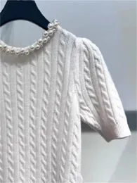 Pullovers Women Pearls Trim ONeck Knit Sweater Short Sleeve Ladies Slim Twist Knitwear Pullover Tee Top for 2024 Spring New
