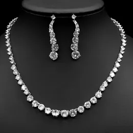 Fashion Crystal Necklace Tassel Earrings Wedding Copper Luxury Cubic Zirconia Jewelry Set for Women