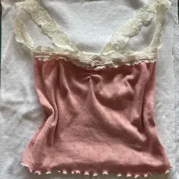 Майки Maemukilabe с белой кружевной отделкой на тонких бретельках Майки Fairy Coquet Grunge Crop Top Шикарный женский ретро 00-х годов Y2K Милый жилет на бретелях Одежда