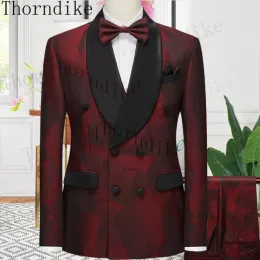 بدلات Thorndike Men's Suit Slim Fit 3 PCS Burgundy Tuxedo Gentlemens Suits Shawl Lapel Groom Tuxedo Terno (سترة+سروال+سترة)