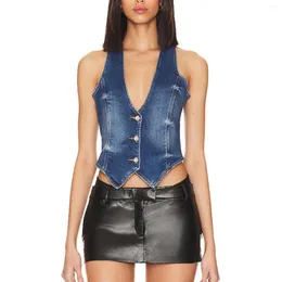 Kvinnors tankar Kvinnor Fashion Denim Tank Tops Solid Color V-Neck-knapp-ner ärmlösa västar Summer Camis Asymmetriska hem Slim Streetwear