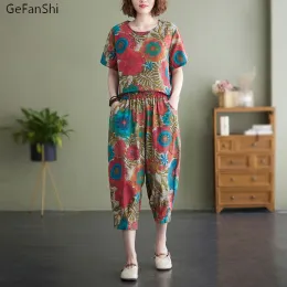 Sets 2023 New Summer Women's 2pcs Print Blouse+pants Office Lady Two Pieces Set Casual Fashion Tops and Calflength Trousers Sets