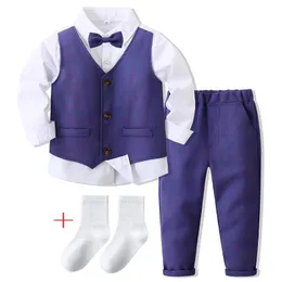 Set di vestiti da gentiluomo per neonati Due pezzi finti Camicia a maniche lunghe Pantaloni Abiti formali di moda Vestito da festa di compleanno per ragazzo per bambini 240304