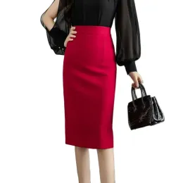 Saia WisherTong Elegante Saia Lápis Desgaste do Escritório Mulheres Cintura Alta Costas Divididas Bainha Saia Vermelha Coreana Moda Midi Saias