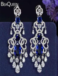 Beaqueen Royal Royal Design Blue Cubic Zirconia and White Crystal Tassel Drop Super Big Dangling Earrings for Women E039 210624486627