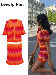 Sweet Wave Stripes Kinted korta kjolar Set Women Summer Baddie Two Piece Set Female Short Sleeve Tops Mini kjolar kläder 240306