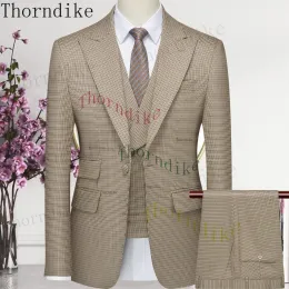 Ternos Thorndike Hot Sell Sell Plaid Custom Made Classic Groom Tuxedo Groomsmen Melhor Manne Terne Wedding Men's Blazer+Vest+Calça Costura