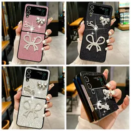 Flip5 3D Bow Smile Diamond Falls för Samsung Galaxy ZFLIP5 Z Fold 5 4 Flip 3 Flip4 Bling Bowknot Girls Hard PC Plastic Sock Sock Proof Folding Fashion Rhinestone Telefonskydd