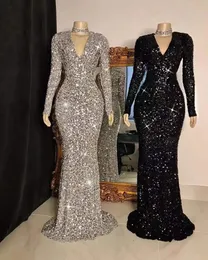 Partysix Abito da donna grigio con scollo a V a maniche lunghe con paillettes Abito da sera elegante Abito maxi da donna Abiti da trascinamento 240228