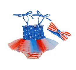 Jumpsuits 018M Born Baby Girl Sleeveless Independence Day Strap Skirted Romper Jumpsuit Headband 2PCS Summer Clothes5380246