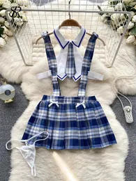 Womens Sleepwear SINGREINY French Sexy JK Uniform Night Dress Hollow Out Tie Slim Nightwear Erotic Plaid Lingerie Women Pleated PajamasFOMY