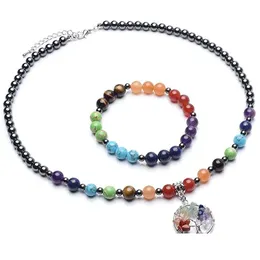 Pulseira Colar Jln Sete Chakra Hematita Conjunto de Jóias Cura Pedra Estiramento Pulseira Frisada Chip Charme Com Fecho Lagosta Necklac Dhb0W