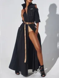 Платье женское летнее джинсовое платье в стиле ретро с отложным воротником и открытыми плечами, с короткими рукавами, на молнии, с карманами, с разрезом, с высокой талией, джинсовое платье макси