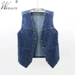 Weste Vintage Blue Vneck Denim Vesten Frauen SingleBreaSted Sommer Jean ärmellose Jacke BF Style Basis Weste Waschl Chaleco Mujer