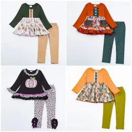 Conjuntos de roupas Girlymax Outono Halloween Ação de Graças Bebê Meninas Crianças Roupas Ruffles Abóbora Leopardo Calças Florais Conjunto