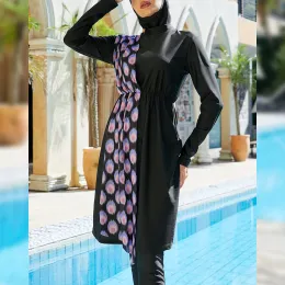 Mulheres muçulmanas roupa de banho longa burkinis islâmico capa completa maiôs 3 peças impressão retalhos modesto natação banho surf wear