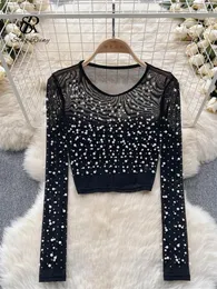 Damenblusen SINGREINY Perlen Gefrieste Damenbluse O-Ausschnitt mit langen Ärmeln Mesh Sheer Hochwertiger koreanischer Stil, Mode, süße Streetwear