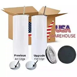 USA warehouse 25pc/Carton Sublimation Tumblers 20oz Stainless Steel Double Wall Insulated Straight Blank White Water Cup with Lid And Straw For Heat Transfer 337