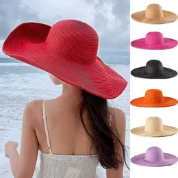 Beanie Skull Caps Women 15cm stor grim Sun Hat Summer Wide Brim Straw Hat Female Outdoor Vacation Roll Upf50 överdimensionerad vikning301K