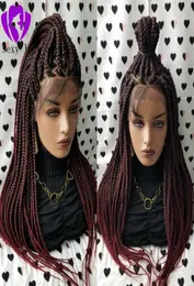 part ombre red color Braided Box Braids Lace Frontal Wig Heat Resistant Hair Long Natural full Braided Wigs For Black Women7831083