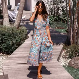 Elbise Happie Queens Kadın Çiçek Baskı Kısa Kollu Kanatlar Plaj Bohem Uzun Elbise Bayanlar V Boyun Yaz Boho Maxi Sundress