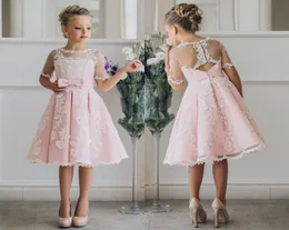 2022 Необычное розовое платье для причастия с цветочным узором для девочек с аппликациями, с половиной рукавов, до колен, праздничное платье для девочек с ленточными бантами для 3021905