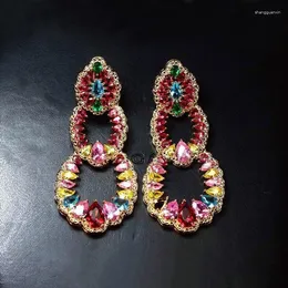 Brincos pendurados na moda jóias de declaração grande multi círculo links colorido zircônia cúbica pedra gota feminino lustre festa