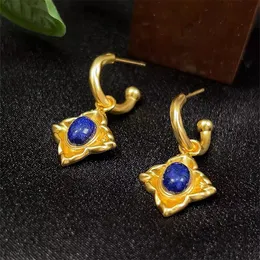 French Vintage Lapis lazuli Pendant Flower Earrings for Women's Art Advanced Relief Light Luxury Design Charming Jewelry Trend