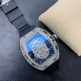 Mens Luxury Watch Hollowed 아웃 두개골 다이아몬드 실버 시계 성격 Montre Luxe Square 다이얼 자동 손목 시계 실버 블루 밴드 기계 운동 SB057 C4