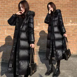 Parkas 2022 Black Glossy Parka 코트 여성 패션 두껍게 겨울 후드 느슨한 긴 재킷 여성 바람 방우 방우 방지 따뜻한웨어