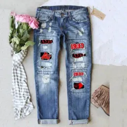 Dress Direct Deat Crossborder European and American Greek Sorority Middle Waist Printed Sticker Hole Washed Jeans for Women